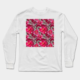 Bright peonies on bordo pattern Long Sleeve T-Shirt